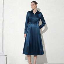 Vestido largo de manga larga color sólido estilo A línea elegante para otoño inspirado en la moda europea y americana para mujer - Azul (sin cinturón) (talla europea) - Ver 7