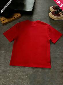 [Cotton T-Shirt] Tween Boy Cotten Clothes,Y2K-Inspired Letter Print T-Shirt - Casual Crew Neck, Short Sleeve, Machine Washable - Perfect For Spring/Summer/Fall,Fashion, Streetwear, Unisex, Men, Women - 紅色 - 查看 2