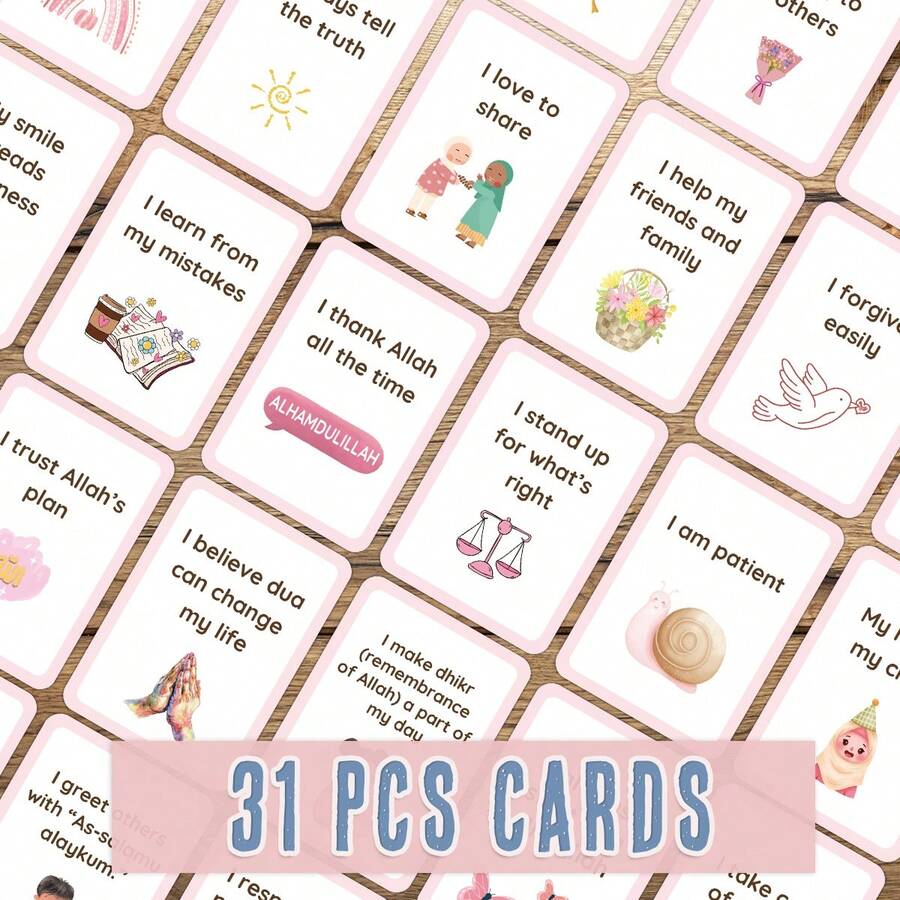 31张穆斯林女孩积极肯定卡片，伊斯兰信仰每日提醒卡片，每日积极正念卡片 - 培养自尊、信仰和良好品德，穆斯林开斋节斋月礼物 - 彩色 - 查看 1