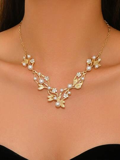 1pc Elegant Floral Vine Necklace With Faux Pearl And Crystal, V-Shaped Collar Necklace, Vintage Style Jewelry For Women, Suitable For Weddings, Anniversaries, Dates, Gifts