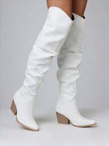 White Cowboy Boots Women Thigh High Boots Women With Low Block Chunky Heel V-Cut Pointed Toe Shoes Western Cowgirl Fashion Country Concert Summer Boots Combat Boots For Women - trắng - Xem 7
