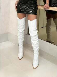 White Cowboy Boots Women Thigh High Boots Women With Low Block Chunky Heel V-Cut Pointed Toe Shoes Western Cowgirl Fashion Country Concert Summer Boots Combat Boots For Women - trắng - Xem 3