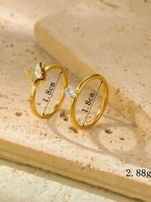 Bộ 2 chiếc nhẫn đơn giản và nhẫn đôi hình bướm hai lớp bằng thép không gỉ mạ vàng 18k, đính đá Cubic Zirconia 2mm, thích hợp làm phụ kiện đeo hàng ngày hoặc quà tặng cho nữ. - Vàng - Xem 3