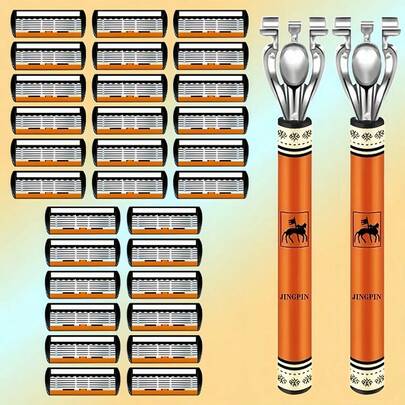 Maquinilla de afeitar manual de alta gama para hombres con diseño de porcelana amarilla y negra - Equipada con cuchillas de acero inoxidable de seis capas para un afeitado suave y perfecto para el cuidado de barbas y bigotes.