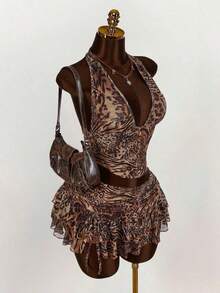 Women's Halter Backless Leopard Print Tank Top And Fashionable Low Waist Skirt Set - Cà phê nâu - Xem 12