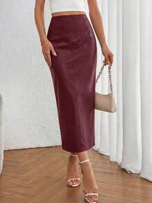 Women's New Fall Faux Leather Maxi Skirt, High Waist, Elegant Casual Pencil Maxi Skirt Slit Design New Years Valentine Vacation Skirt - 酒紅色 - 查看 3