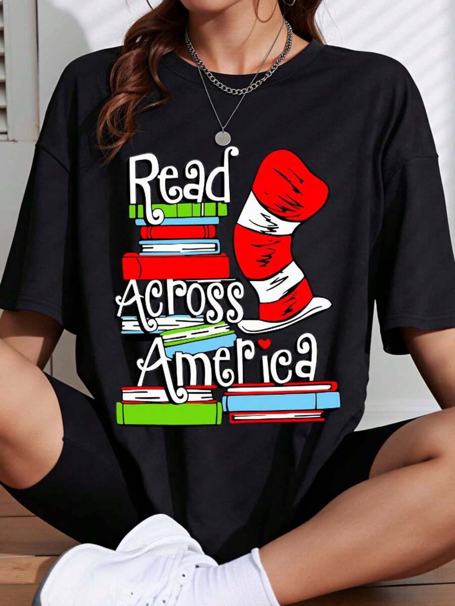 Read Across America T Shirt With Cat In The Hat Hat And Books Design For Kids And Adults Book Lovers Educational Event Gift For Teachers Students And Reading Enthusiasts - 黑色 - 查看 1
