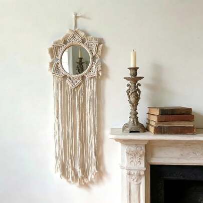 1pc Macrame Wall Hanging, Boho Style Wall Decor Tapestry, Handwoven Lace Tassel Acrylic Mirror Wall Ornament