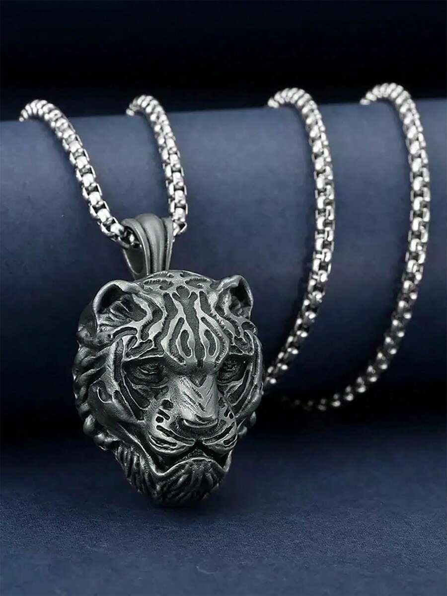 1件凶猛虎头项链，不锈钢银色粗链，复古街头嘻哈风格，适合日常佩戴、派对、年轻男士，防水、防褪色，精雕细琢，高品质，情人节礼物 - 銀色 - 查看 1