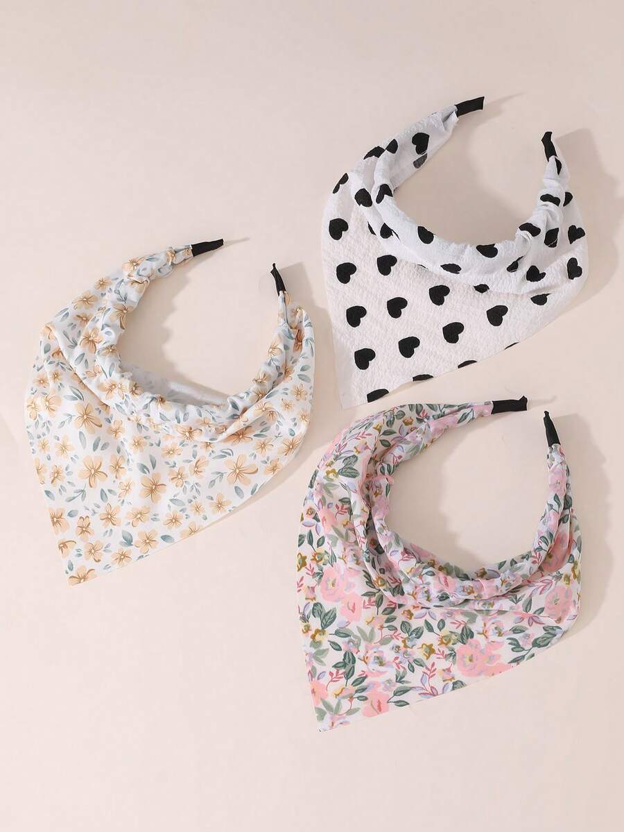 Bộ 3 phụ kiện dành cho nữ - Băng đô, khăn quàng cổ và khuyên tai in họa tiết trái tim và hoa tối giản, thanh lịch, phù hợp cho sử dụng hàng ngày, lễ hội, tiệc tùng vào mùa xuân/hè. Phụ kiện làm đẹp và chăm sóc tóc tại nhà. - Nhiều màu - Xem 1