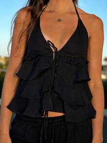 Women's Halter Neck Tops Sleeveless Open Back Layered Ruffle Hem Cami Tops Summer Shirts - 黑色 - 查看 6