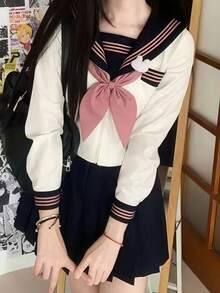 1 قطعة بدلة بحرية ذات 3 قطع بأكمام طويلة بطراز مدرسي ياباني كاواييي لفصلي الربيع والخريف، باللون الأزرق الكحلي والوردي، مناسبة للعب الأدوار المدرسية والتخرج والكوسبلاي والمناسبات الرومانسية كعشاء عيد الحب وتناول الشاي بعد الظهر - متعدد الألوان - مشاهدة 7