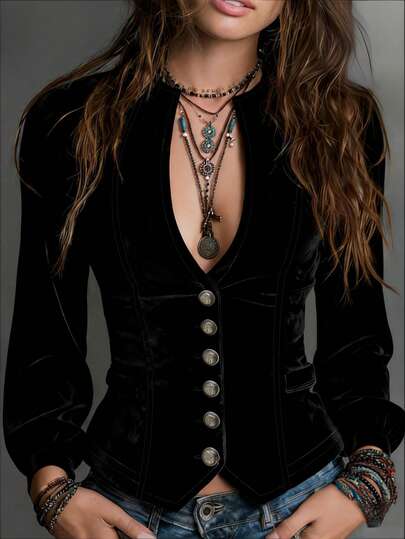 Women's Vintage Velvet Fitted Jacket, V-Neck Long Sleeve Single-Breasted Waist Design, Elegant Fitted Suitable For Commuting, Gatherings, Daily Wear, Vintage Elegant Fashion Item