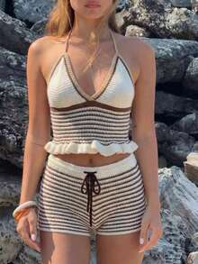 女士新款条纹镂空扭结露背吊带针织上衣和针织短裤套装，沙滩度假 - 彩色 - 查看 6
