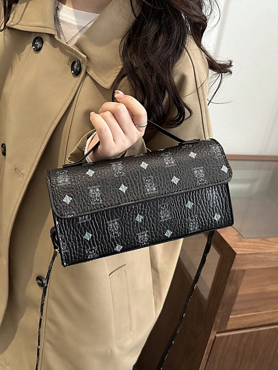 Nueva llegada Bolso de hombro cruzado casual y elegante de alta calidad con estampado de oso, de peso ligero - Negro - Ver 1