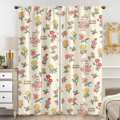 2片装多色花园兔子花卉可爱清新田园卡通风格印花窗帘，100%涤纶面料，杆袋式，无衬里，90克/平方米，宽180厘米，适用于卧室、客厅、餐厅、浴室、户外等场所。