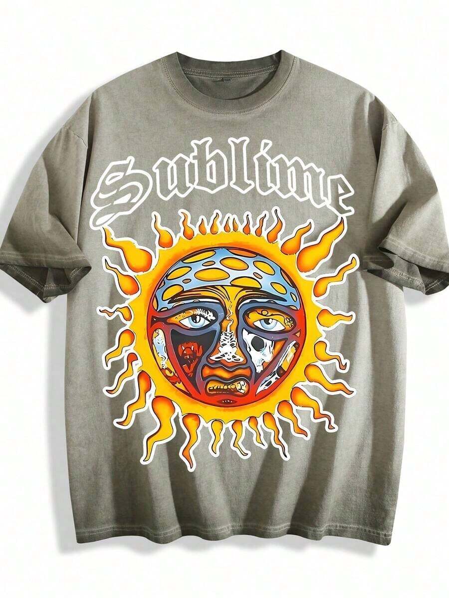 2026 Summer Tops Retro Sun Face Skull Print, Men's T-Shirt, SUBLIM Band Style Free Theme Loose Short Sleeved ShirtLoose And Comfortablesummer Clothes - 髒洗軍綠色 01 - 查看 1