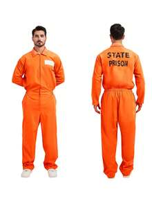 1 Set Halloween Cosplay Prisoner Costume, Inmate Outfit, Prison Uniform, Orange Convict Suit - Burnt Orange - View 7
