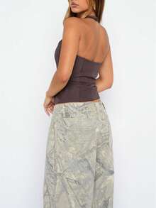 Slit Backless Halter Crop Tops For Women Summer Square Neck Going Out Sleeveless Cropped Tank Tops - Dark Brown - View 3