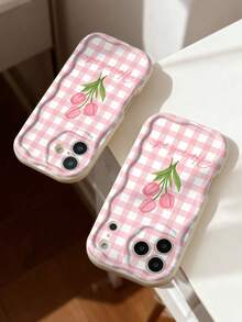 1pc Minimalist Pastoral Style Tulip Flower & Religious Slogan Pattern Asymmetrical Wavy Edge Soft Phone Case, Compatible With IPhone 11/12/13/14/15/16/17 Pro Max - Multicolor - View 3