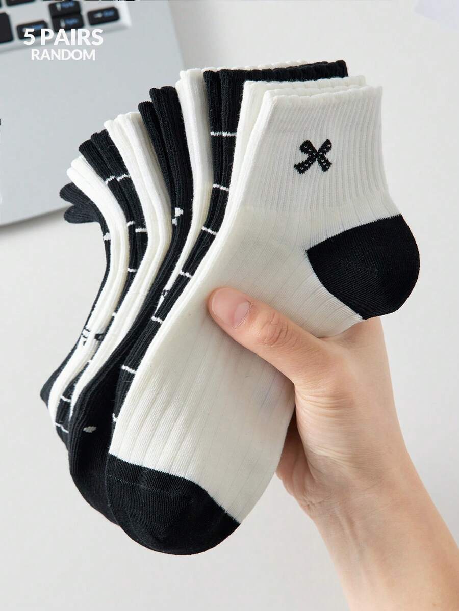 5双装女士可爱甜美蝴蝶结、条纹、波点、小狗图案短袜，白色、黑色，ins风，舒适休闲中筒袜，学生款，颜色随机，适合日常穿着，四季皆宜 - 彩色 - 查看 1