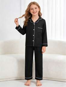 Conjunto de pijama de 2 piezas para niña preadolescente con top de manga larga negro y pantalón largo - Multicolor - Ver 6