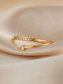 1 pieza Anillo de circonita cúbica elegante, adecuado para uso diario de mujeres, fiestas, bodas, regalo de vacaciones, joyería nupcial - Dorado - Ver 10