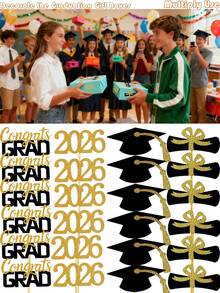 16件套2026毕业主题纸杯蛋糕装饰，闪光毕业帽装饰，2026毕业派对迷你蛋糕装饰，2026毕业证书帽，毕业主题生日派对装饰，祝贺2026毕业派对（黑金配色），高中/大学毕业派对（黑色），毕业派对用品（祝贺） - 博士帽插牌套裝 - 查看 6