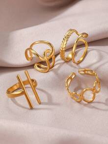 4pcs/Set 18K Gold Plated Stainless Steel Fashionable Geometric Cross Open Ring, Suitable For Daily Wear - Gold - View 7