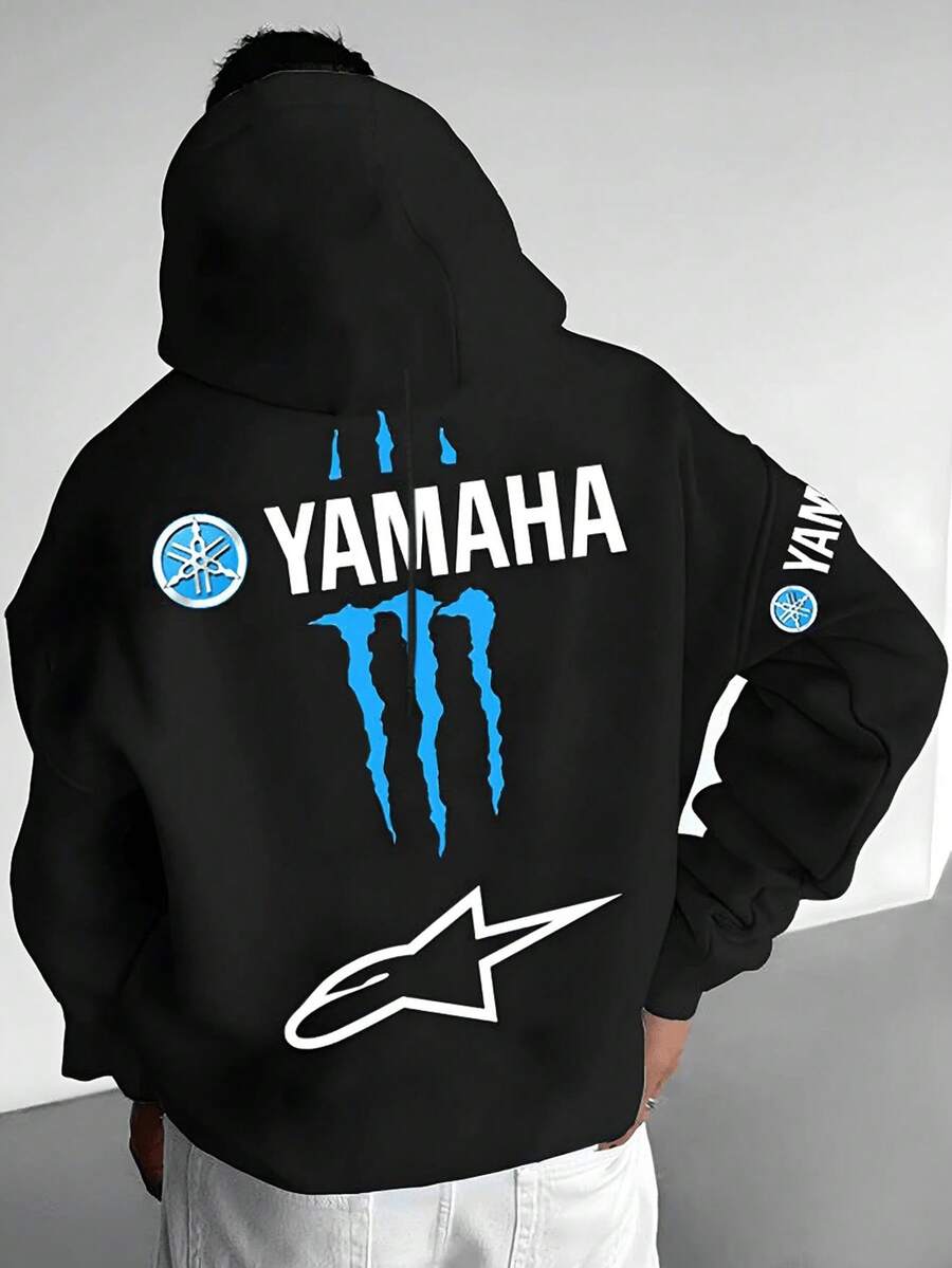 Double-Sided Printed Hoodie In Off-Road Motorcycle Style, Y2K Style, Dark Green Off-Road Hoodie, Casual Sports Hoodie For Men, Long-Sleeved Velvet Hoodie For Autumn And Winter. Suitable For Men And Women, Fashionable Everyday Outfit, Ideal For Outdoor Sports, The Perfect Gift For Friends. - 黑色 - 查看 1
