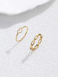 2pcs Stainless Steel Women's Golden Hollow Heart & Rectangle Ring Set, Fashionable Minimalist Design, Suitable For Daily Wear Or Gift - Yellow Gold - View 4