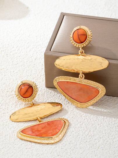 2 piezas Pendientes de moda vintage exagerados, elegantes, de goteo de aceite, geométricos y asimétricos de patchwork, adecuados para uso diario, festivales de música y fiestas de las mujeres