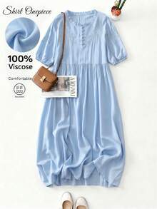 女士春夏粘胶刺绣宽松复古中长连衣裙 - 水藍色 - 查看 1