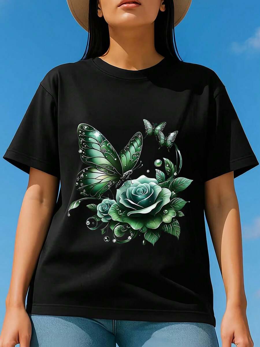 Women'S Black Short Sleeve T Shirt With Green Butterfly And Succulent Print Casual Cotton Round Neck Summer Top - Black - View 1