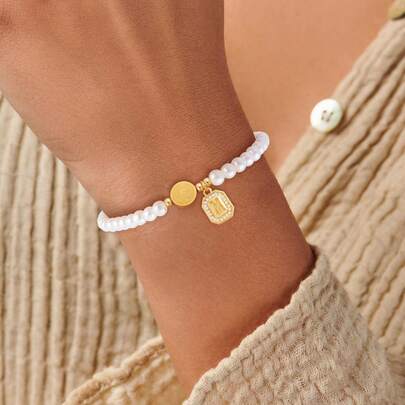 1pc Vintage Two-Side Jesus&Cross Block Initial Pendant Beaded Bracelets For Women