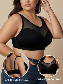 Plus Size Women's Black Sexy Mesh Patchwork Wireless Full Coverage Seamless Comfortable Thin Bra - Black - View 4