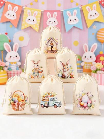 6pcs Easter Decorations Cotton Gift Bags,Watercolor Bunny Pattern Reusable With Drawstring Gift Bags, Easter Party Storage Bag,Easter Party Supplies,Party Bags Fillers,Easter Party Gift Wrapping Supplies Gift Bag, Masquerade Party Decor DIY Craft Creative SouvenirSuitable For Easter Holiday Gifts, Easter Party Gift Favors