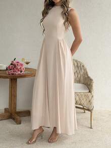 Đầm Unadoll dành cho nữ, cổ tròn, không tay, khóa kéo sau lưng, thiết kế xếp ly, thích hợp cho kỳ nghỉ, hẹn hò, sinh nhật, tiệc tùng và lễ hội mùa xuân. - Màu be - Xem 3