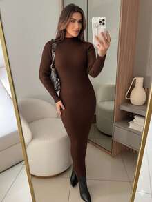 RIBBED DRESS WITH ELEGANT SLEEVES HIGH QUALITY MODAL AUTUMN AND WINTER - 巧克力棕 - 查看 1