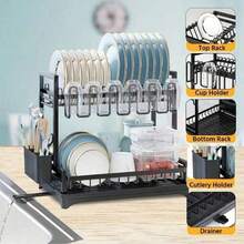 Dish Drying Rack,2-Tier Stainless Steel Dish Rack With Drainer Plate,Cup & Utensil Holder,Cutting Board Storage,Space-Saving Kitchen Organizer For Kitchen Counter & Sink,Mugs & Dinner Plates,Apartment Essentials,Kitchen Accessories,Home Decor,Black - View 6