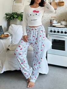 SANRIO 两件套女士Hello Kitty印花圆领长袖上衣+松紧腰直筒裤睡衣套装 - 藍色 - 查看 3