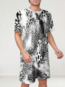 Abstract Black And White Animal Print Pattern Mens Short Sleeve Set T Shirt And Shorts Street Style Comfortable Fit Everyday Activewear Versatile All Season Simple  Outfit Two Piece Set Wardrobe Essential - 彩色 - 查看 2