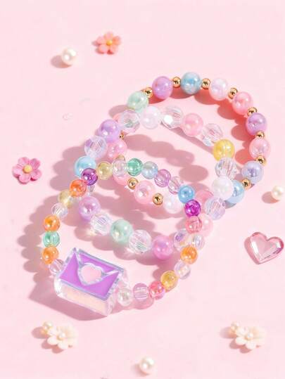 3pcs/Set Girls Cute Heart Envelope Pendant Beaded Bracelet Set, Children Jewelry Accessories Bracelet, Suitable For Daily, Holiday Party Gifts And Souvenirs