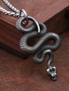 Unisex Gothic Punk Style 3D Coiled Snake Stainless Steel Pendant Necklace - Silver - View 1