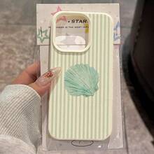 1 pieza Funda de teléfono de material TPU con patrón de concha marina a rayas de color verde claro, compatible con iPhone 17 Pro Max/17/16 Pro Max/15/13/12/11, S20 FE/A15/S24/A55, Note 11/Note 12/Note 13 Pro, protección suave y antideslizante de cobertura completa - Blanco - Ver 1