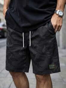 1条迷彩抽绳腰休闲短裤，印花标签贴片，美式街头风，夏季日常通勤和户外休闲必备单品 - 黑色 - 查看 2