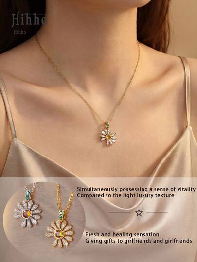 Hihho 1条双色向日葵锆石项链，清新活力少女风，精致颈链搭配小雏菊吊坠，可单独佩戴或叠戴，适合优雅、温柔和度假风。