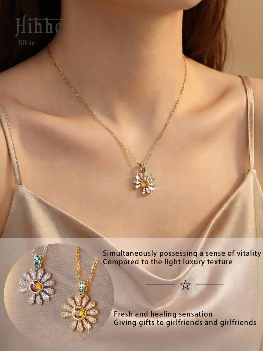 Hihho 1条双色向日葵锆石项链，清新活力少女风，精致颈链搭配小雏菊吊坠，可单独佩戴或叠戴，适合优雅、温柔和度假风。 - 太陽花 - 查看 1