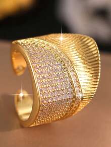 1pc Gorgeous Big Geometry Shiny Cubic Zirconia Wedding Rings,Elegant Romantic Unique Design Adjustable Ring,Suitable For Daily Wear,Engagement Banquets Clothing Jewelry Accessory And Gift - Yellow Gold - View 1