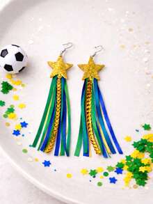 1 Pair Of Earrings In Brazil World Cup Colors With Ribbons And Glitter, Sequins With Sparkling Stars, For The World Cup, Football, Fans, And Brazil - 金色 - 查看 1